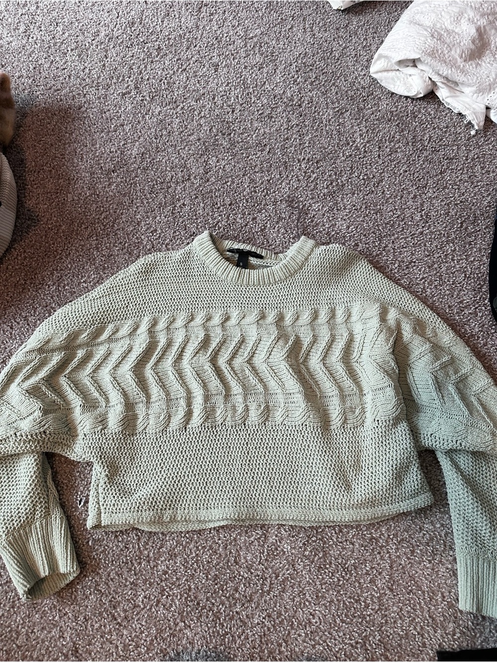 Derek Heart Cropped Cable Knit Sweater - Sage Green